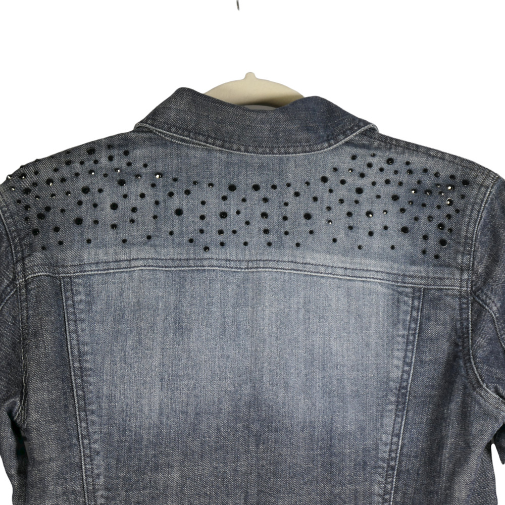 Chico's Platinum Distressed Denim Jacket Womens M Blue Embellished Rhinestones - Picture 9 of 9